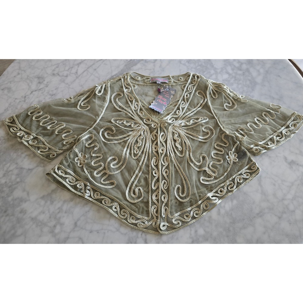 Pretty Angel Silk Blend Embroidered Mesh Shrug Bolero Sage Green NWT L